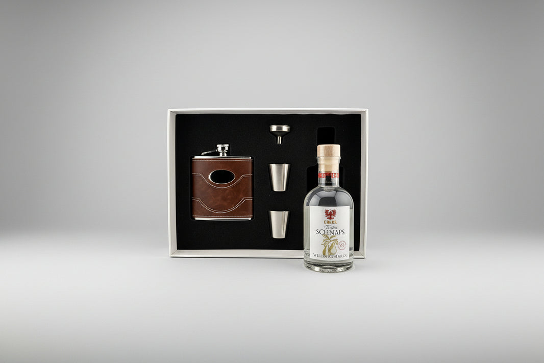 Geschenkset Flachmann + Stamperl + Williamsbirne 38% 200ml