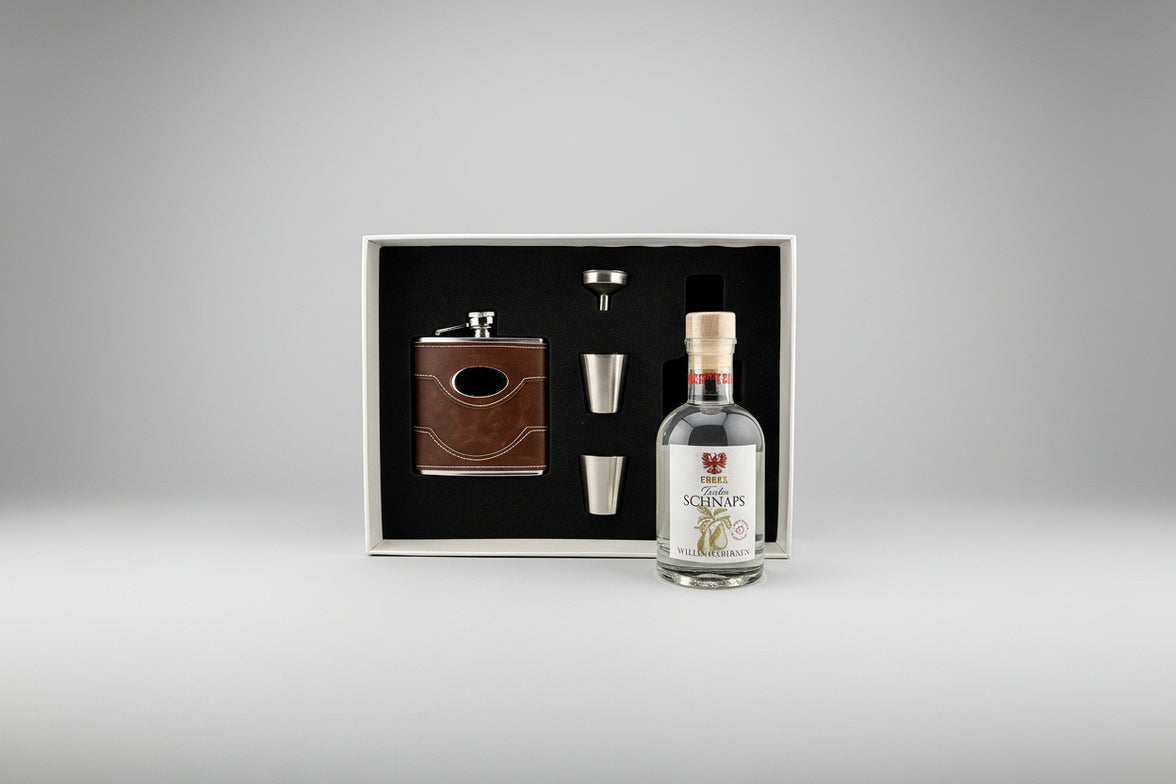 Geschenkset Flachmann + Stamperl + Williamsbirne 38% 200ml