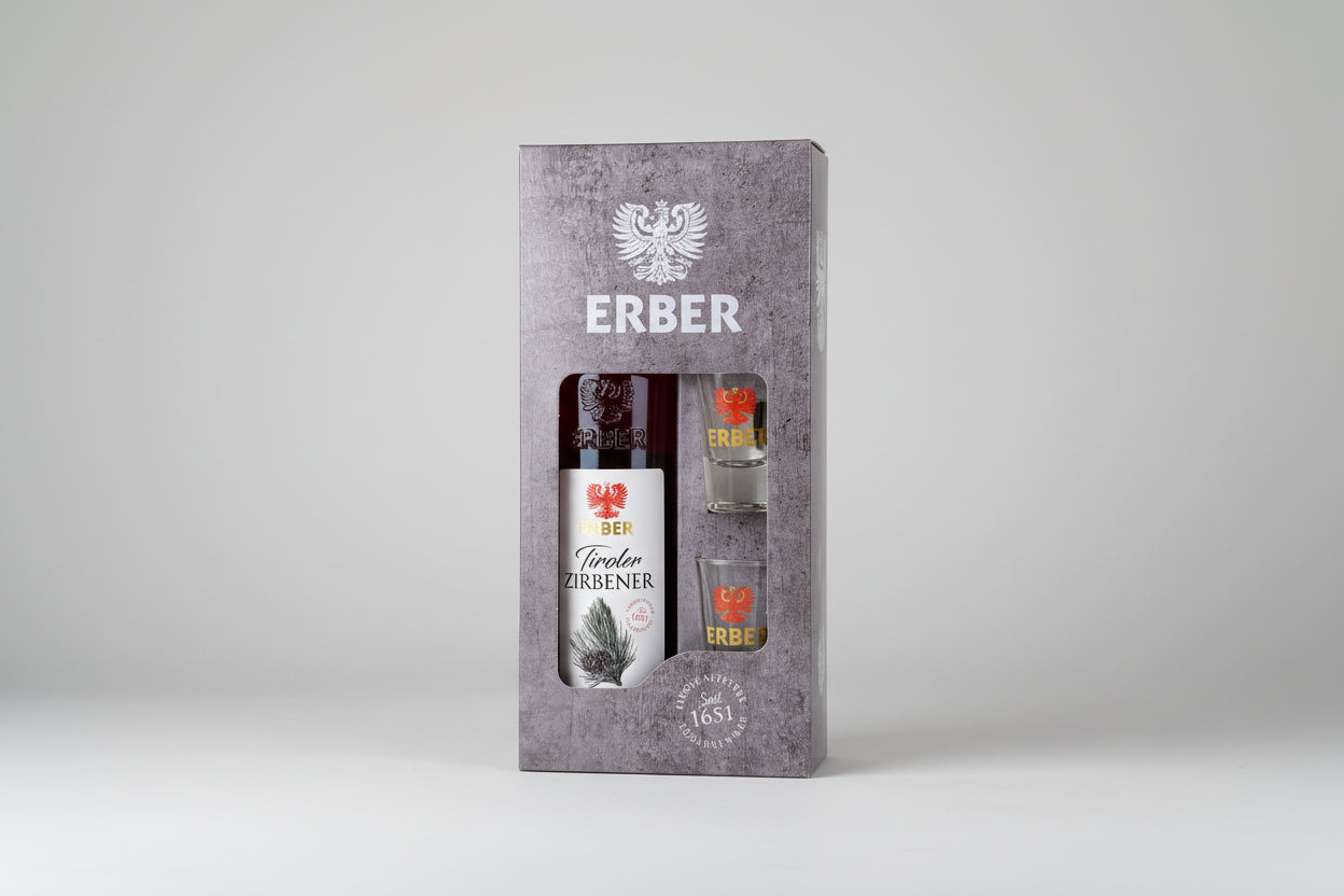 Geschenkset Tiroler Zirbener 30 % 500ml + 2 Gläser
