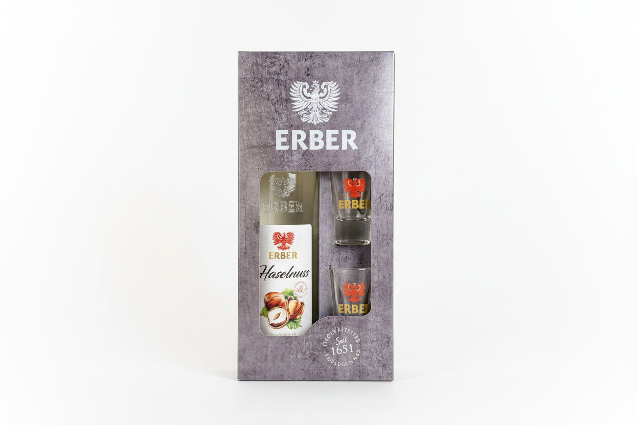 Geschenkset Haselnuss Spirituose 32% - 0,5 Liter + 2 Gläser