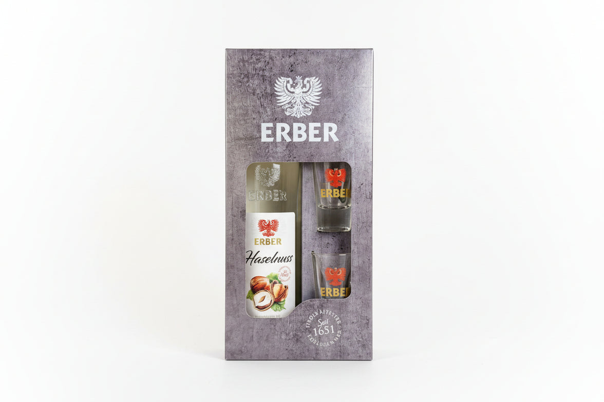 Geschenkset Haselnuss Spirituose 32% - 0,5 Liter + 2 Gläser