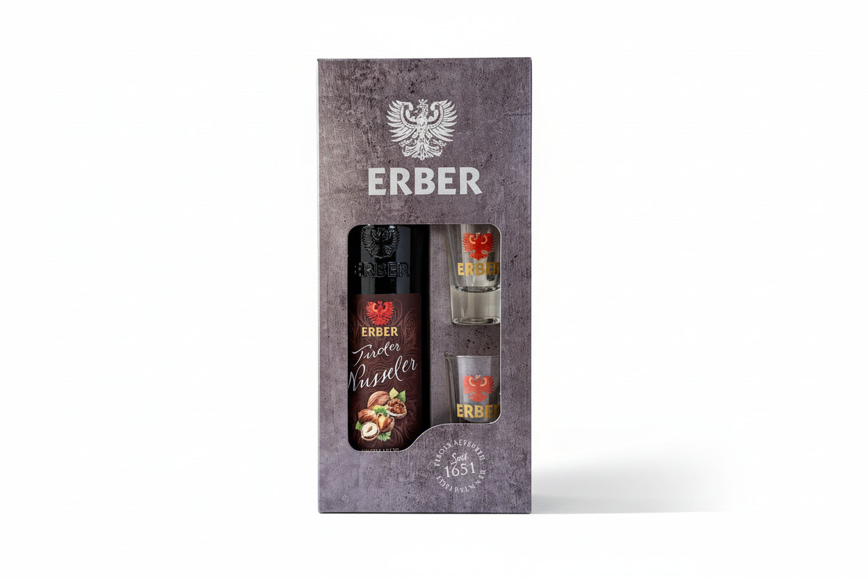 Geschenkset Tiroler Nusseler 25% 500ml + 2 Gläser