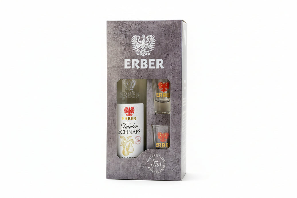 Geschenkset Tiroler Williamsbirnen 38% 500ml + 2 Gläser
