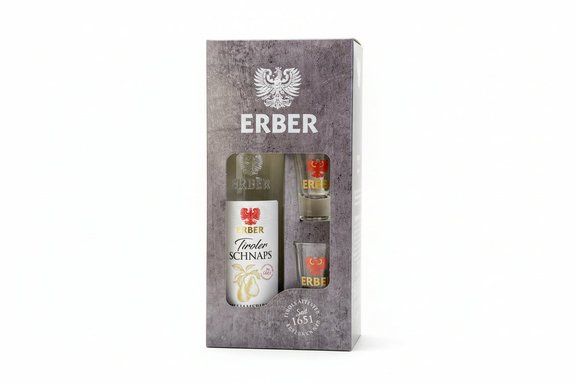 Geschenkset Tiroler Williamsbirnen 38% 500ml + 2 Gläser
