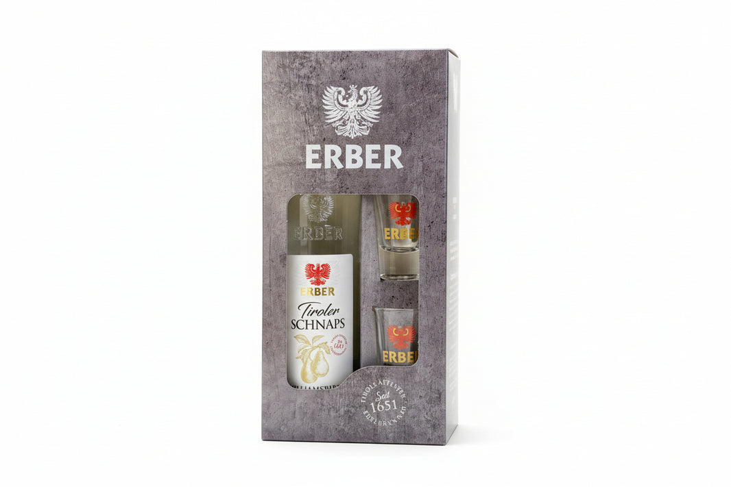 Geschenkset Tiroler Williamsbirnen 38% 500ml + 2 Gläser