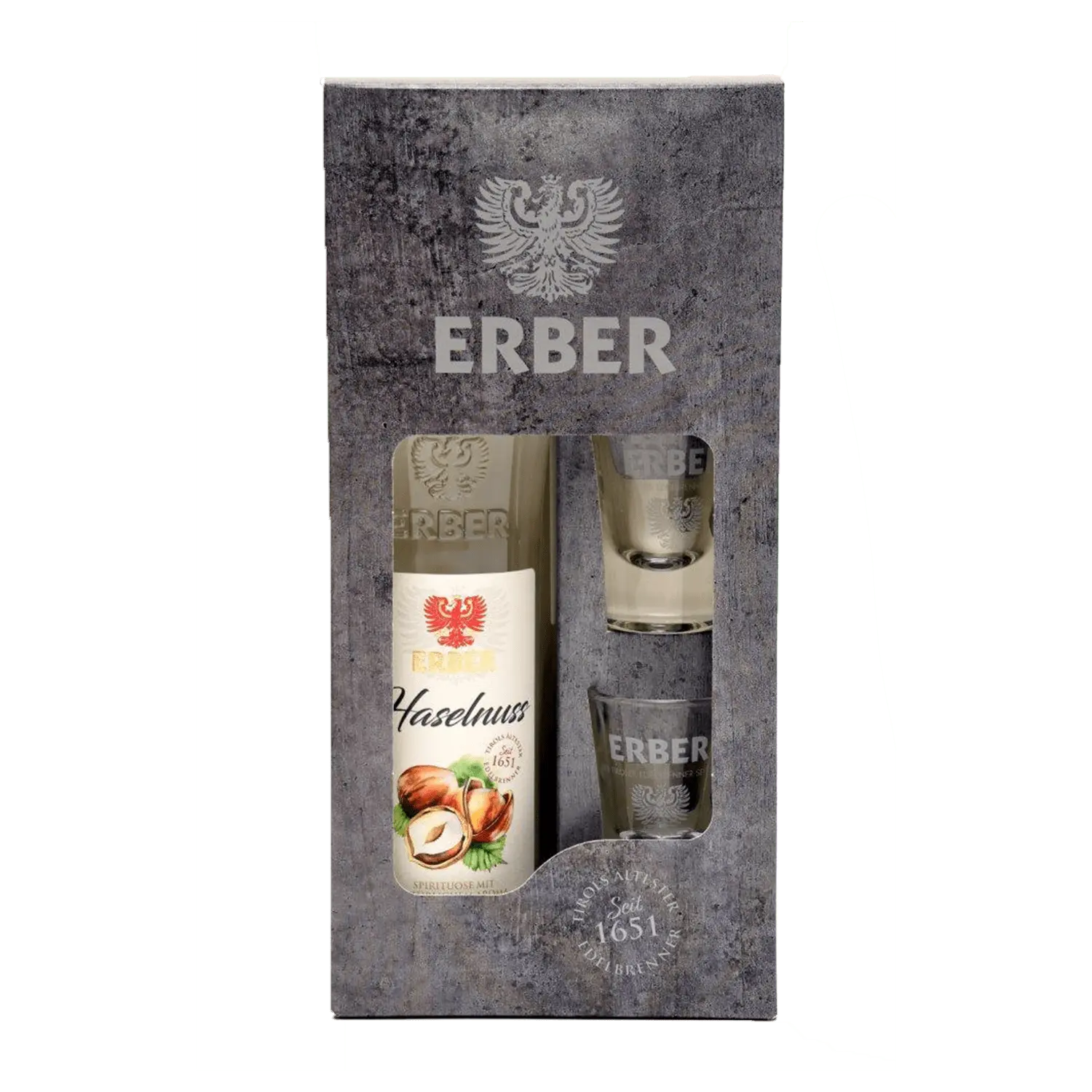 Geschenkset Haselnuss Spirituose 32% - 0,5 Liter + 2 Gläser